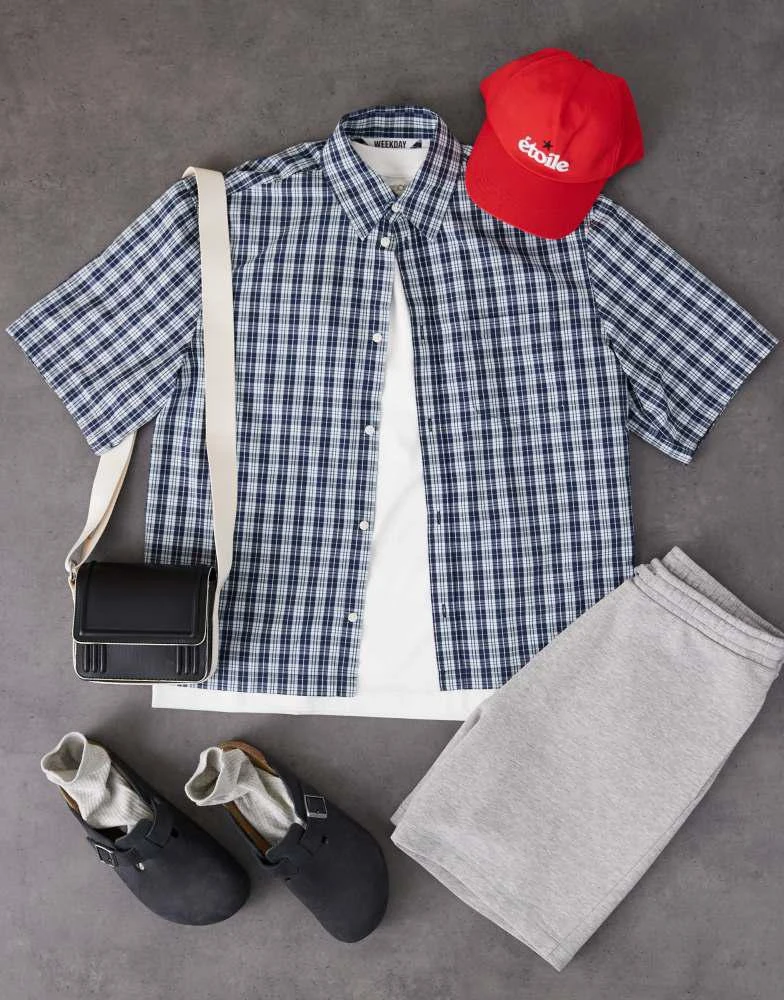 Weekday Weekday relaxed fit short sleeve shirt in navy check 5