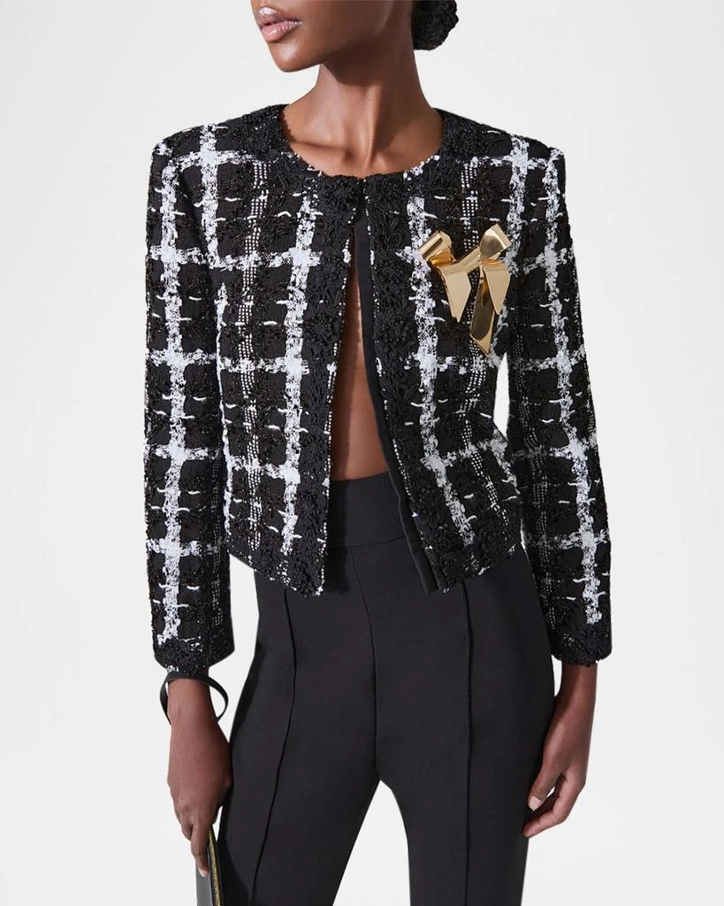 Carolina Herrera Collarless Metallic Check Tweed Crop Jacket 6