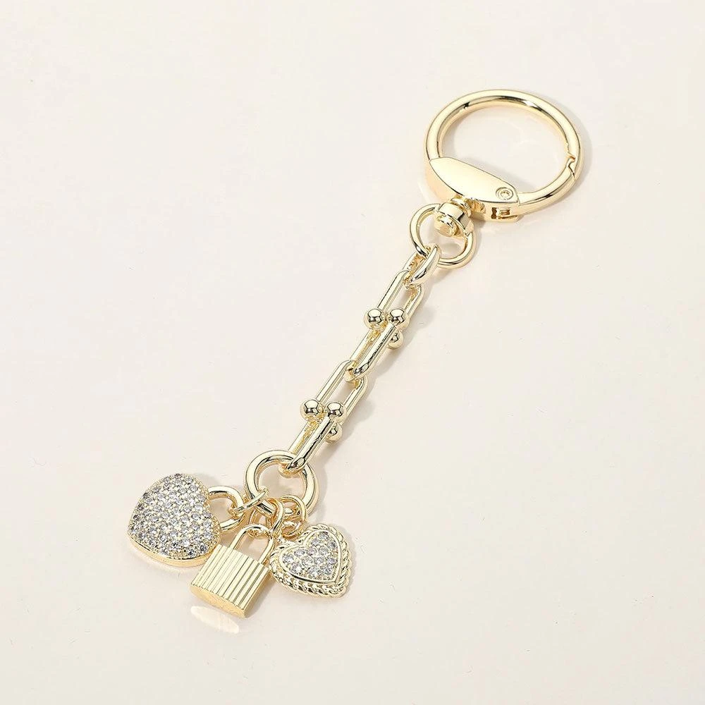 FASHNZFAB 14K Gold Plated CZ Pave Double Heart Lock Charm Drop Keychain Bag Charm
