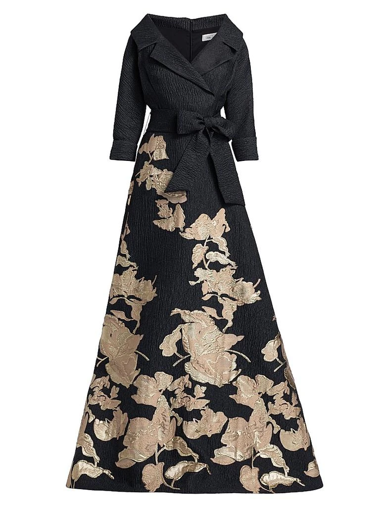 Teri Jon Textured Metallic Floral Jacquard Gown