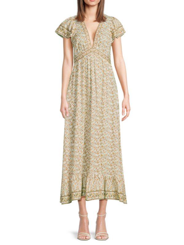 Max Studio ​Floral Flutter-Sleeve V-Neck Maxi Dress
