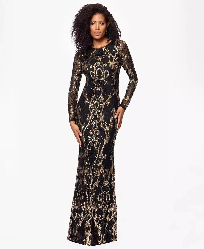 Betsy & Adam Betsy & Adam Petite Sequinned Mesh-Sleeve Evening Gown 1