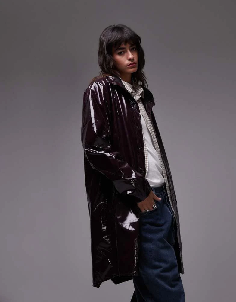 RAINS Rains 12020 waterproof long jacket in burgundy shine exclusive to asos 2