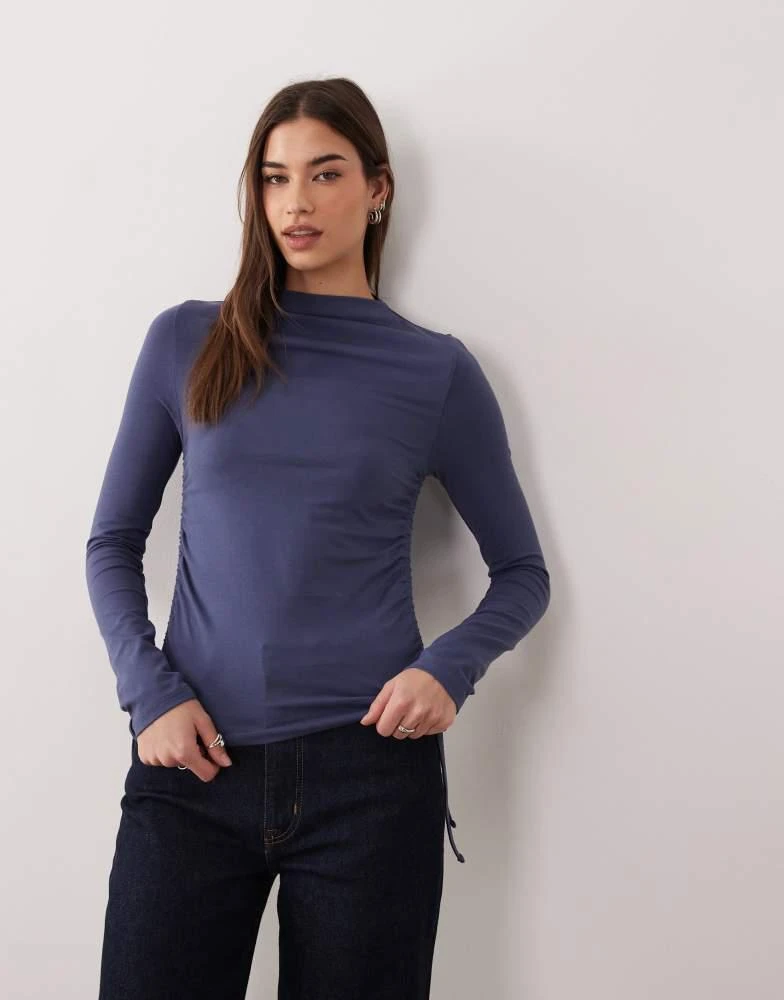 ASOS ASOS DESIGN ruched detail tie side high neck long sleeve top in navy