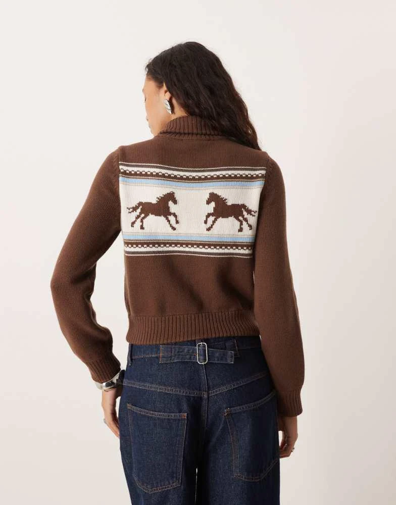 Abercrombie 
Fitch Abercrombie 
Fitch double zip foldover collar horse graphic cardigan in brown 3