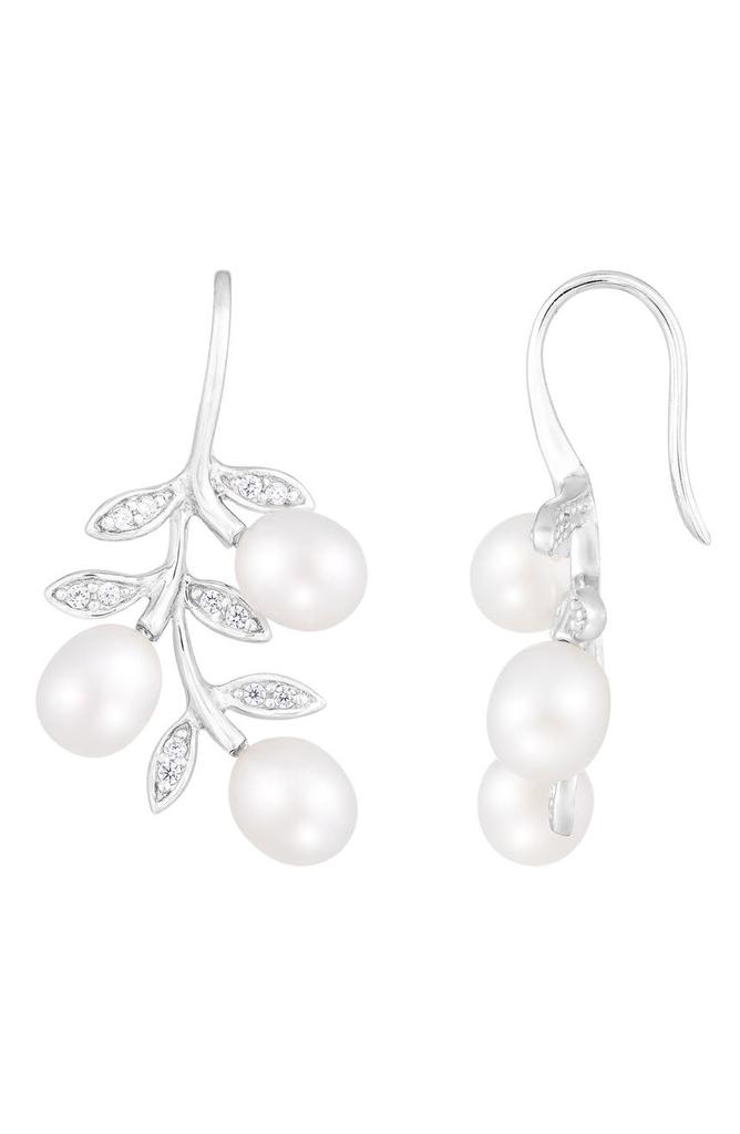 Splendid Pearls Rhodium Plated Sterling Silver 7–8mm Cultured Freshwater Pearl & CZ Branch Drop Earrings