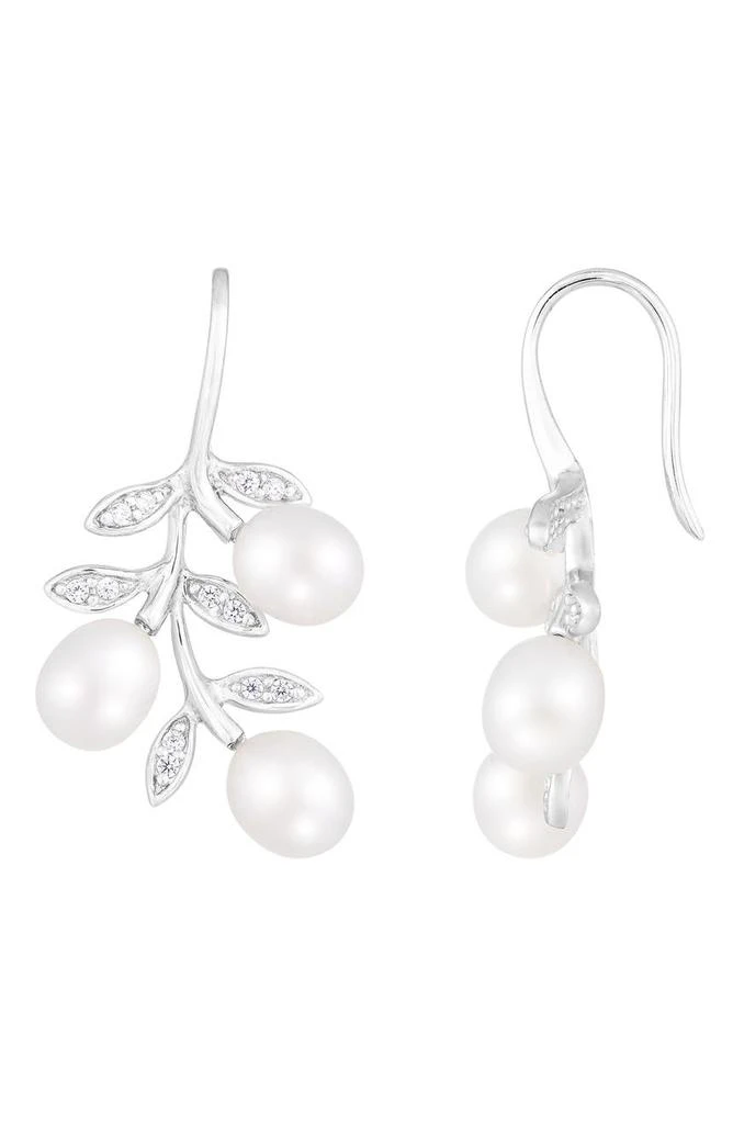 SPLENDID PEARLS Rhodium Plated Sterling Silver 7–8mm Cultured Freshwater Pearl & CZ Branch Drop Earrings 1