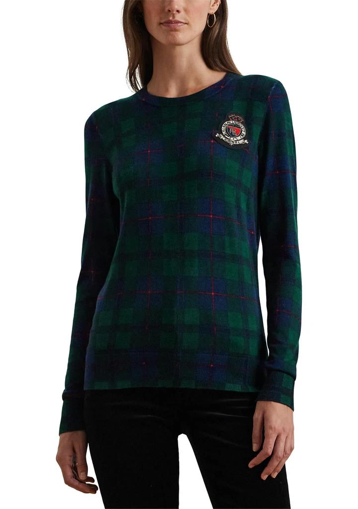 Ralph Lauren Petite Size Black Watch Plaid Beaded-Crest Sweater