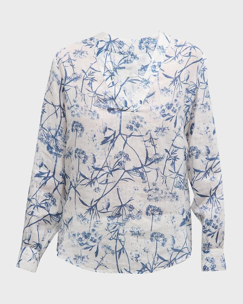 120% Lino Floral-Print V-Neck Linen Blouse