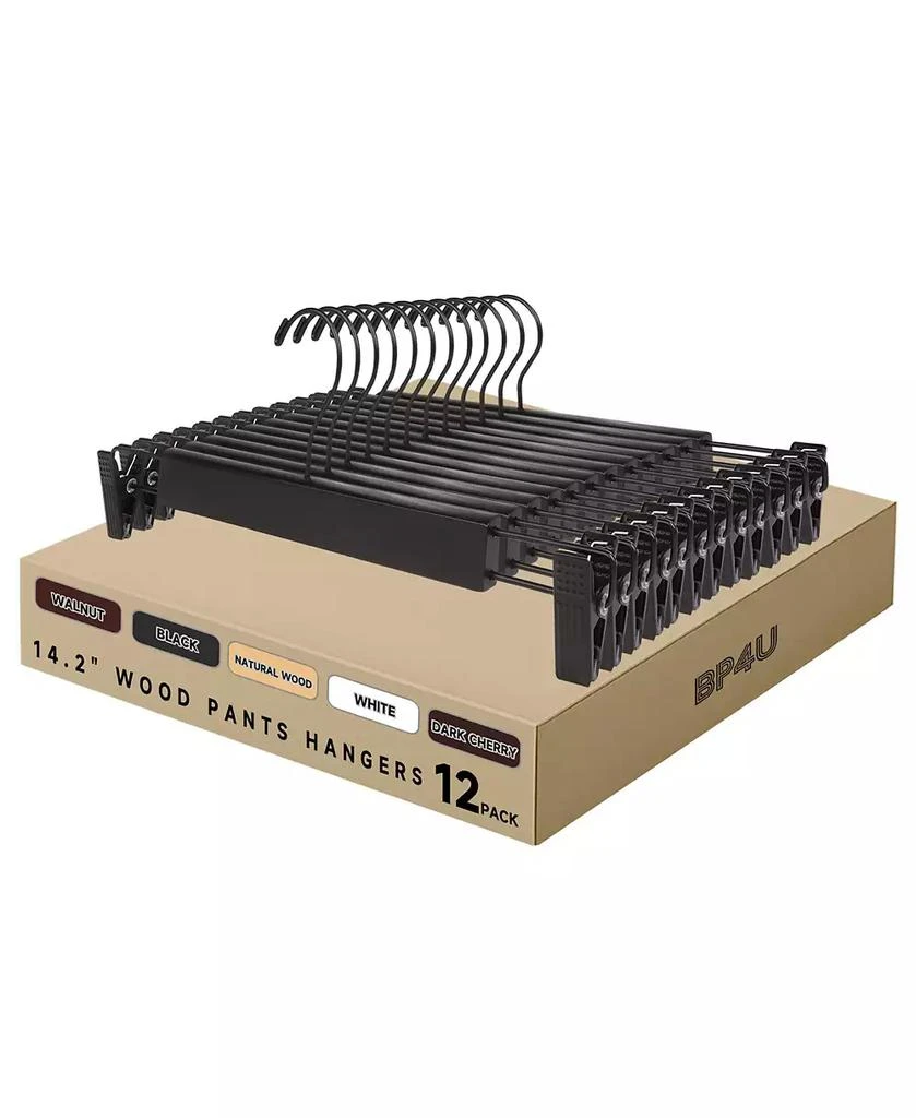 BP4U 12-Pack Premium Wooden Pants Hangers with Adjustable Clip, Heavy Duty Solid Wood Skirt Bottom Hangers for Trousers, Dress Slacks, Dresses, Shorts