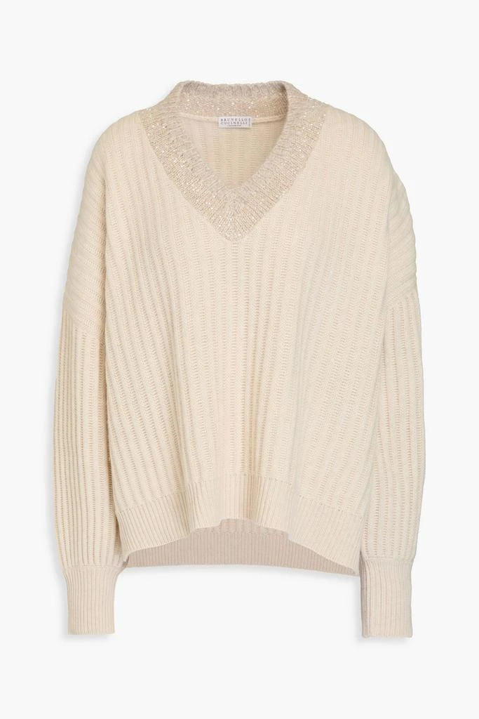 Brunello Cucinelli Sequin-embellished ribbed cashmere sweater 1