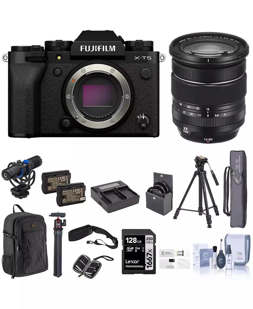 Fujifilm X-T5 Mirrorless Camera with XF 16-80mm f/4.0 R OIS WR Lens, 128GB SD Card, Backpack, 2x Battery, Dual Charger, Camera Strap, Aluminum