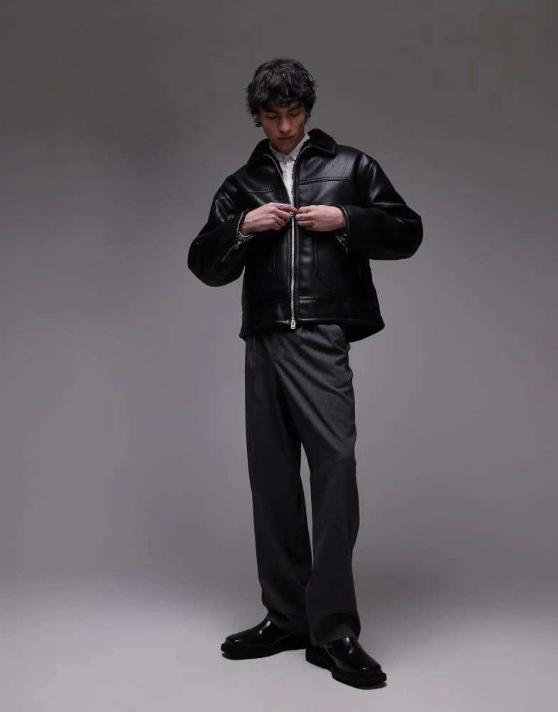Topman Topman faux leather shearling jacket with pocket detail in black 2