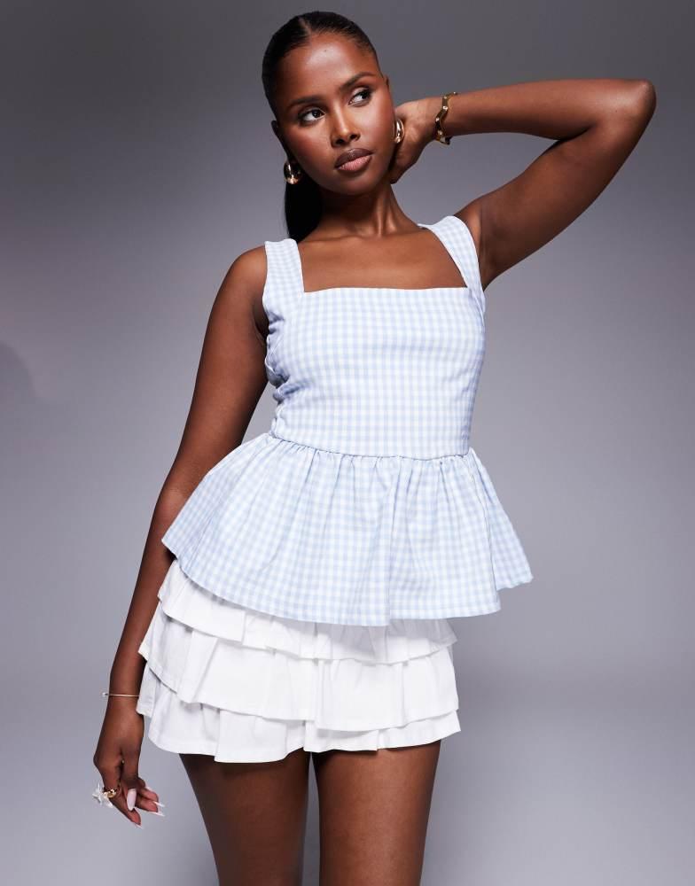 River Island River Island gingham peplum top in light blue
