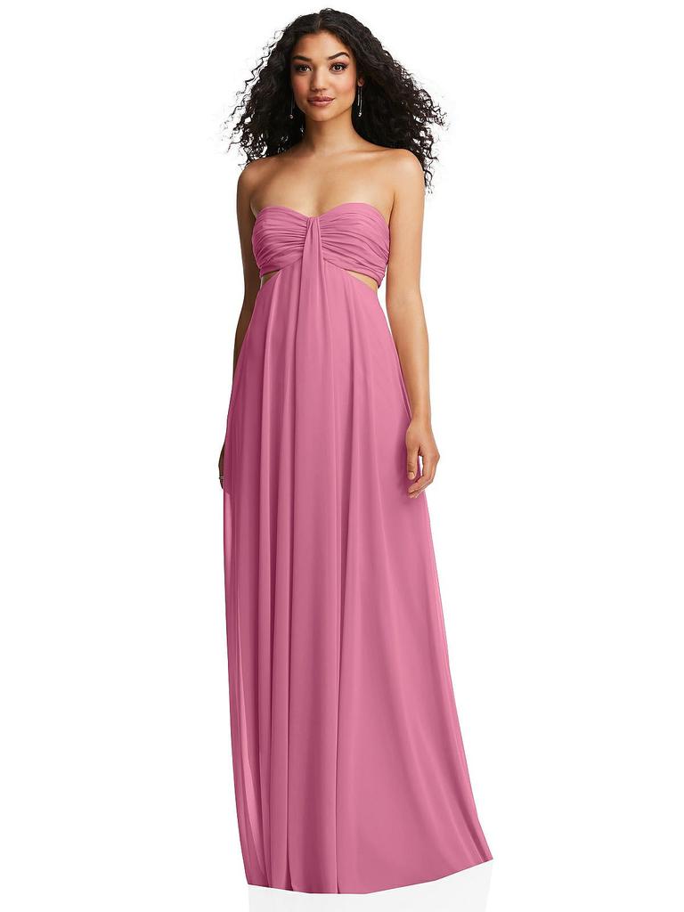 Dessy Collection Strapless Empire Waist Cutout Maxi Dress with Covered Button Detail