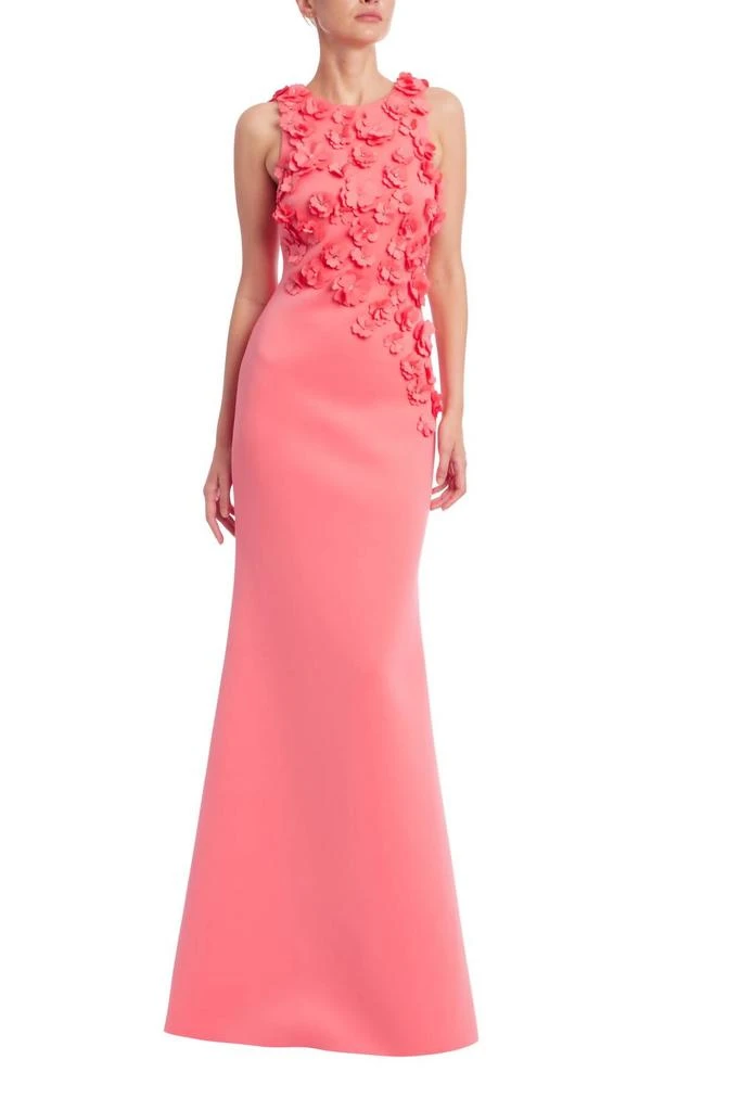 Badgley Mischka Sleeveless 3D Floral Applique Gown In Coral