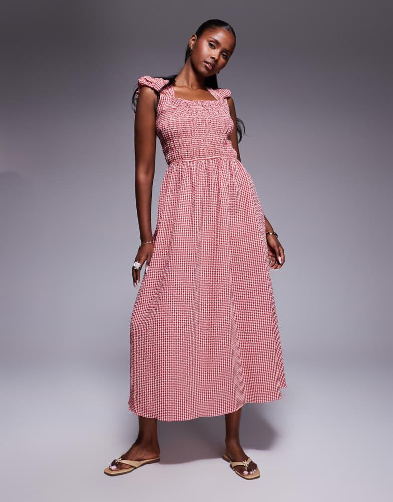 River Island River Island cap sleeve gingham shirred midi dress in red