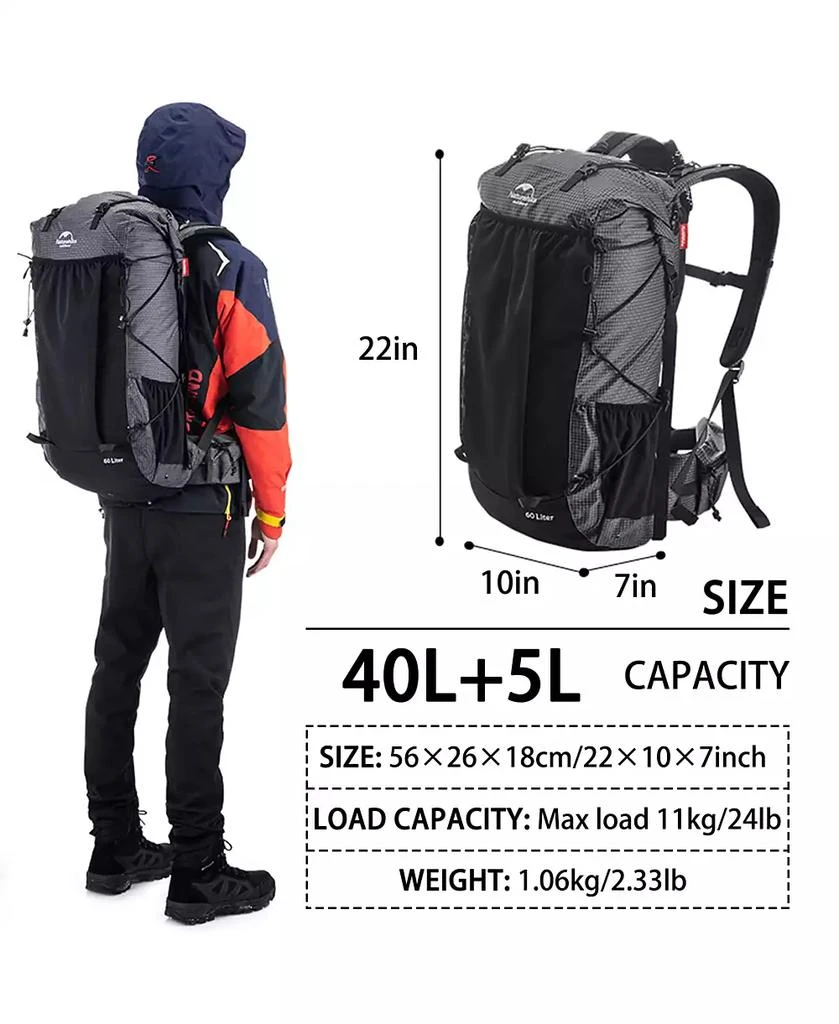 Naturehike 40L+5L Hiking Backpack – Waterproof, Lightweight Mountain Bag with Rain Cover
Shoe Compartment for Camping
Travel 5