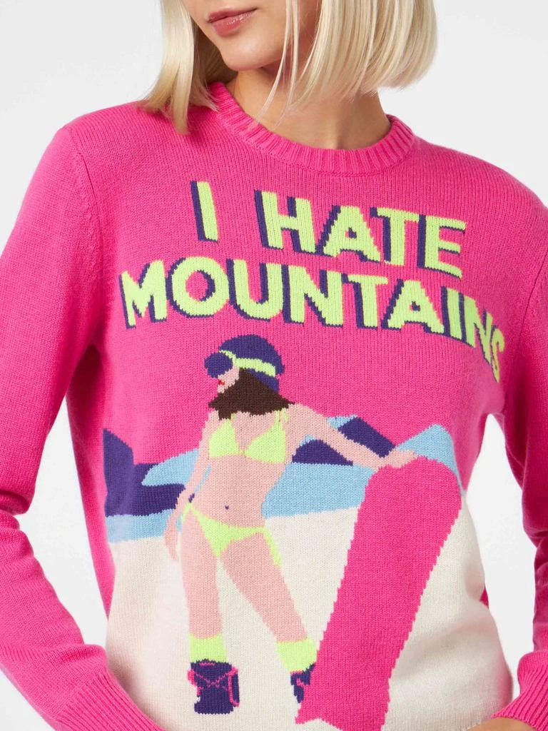 Mc2 Saint Barth Woman Crewneck Fluo Pink Sweater With I Hate Mountains Postcard Print 2