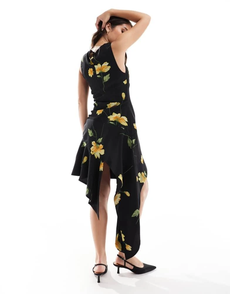 ASOS ASOS DESIGN asymmetric frill hem midi dress in black and yellow floral print 2