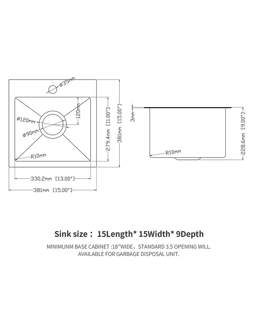 Flynama 15x15x9inch Gunmetal Black Kitchen Sink Drop In Stainless Steel 16 Gauge Deep Single Bowl 8