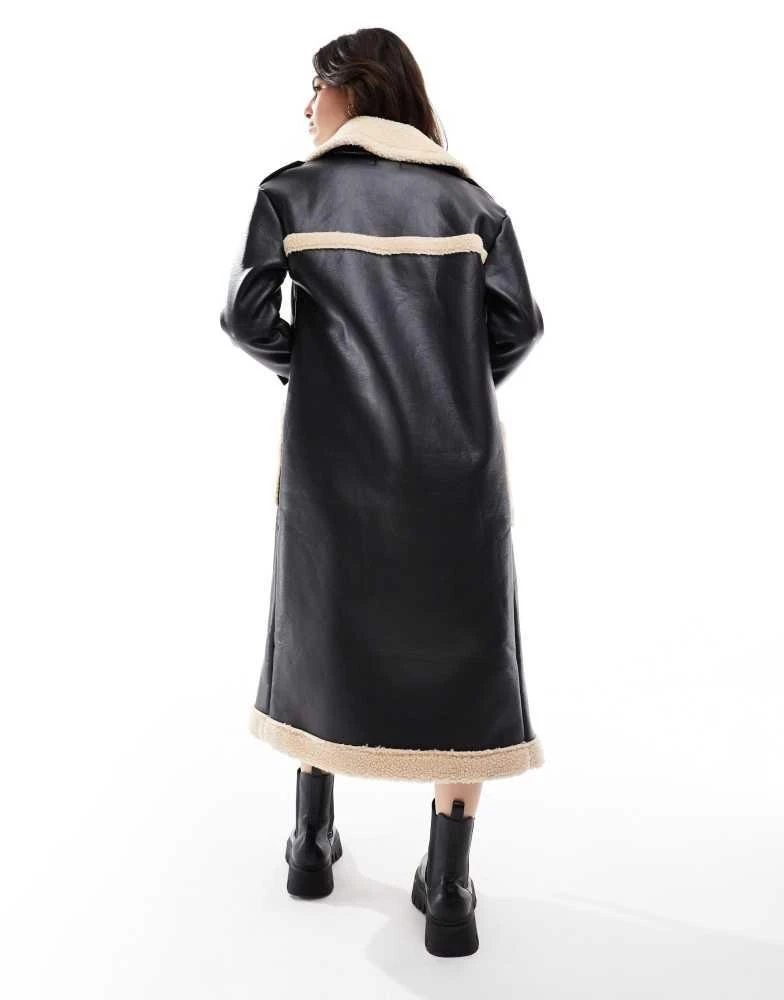 Wednesday's Girl Wednesday's Girl faux shearling oversized aviator longline coat in black and cream 2