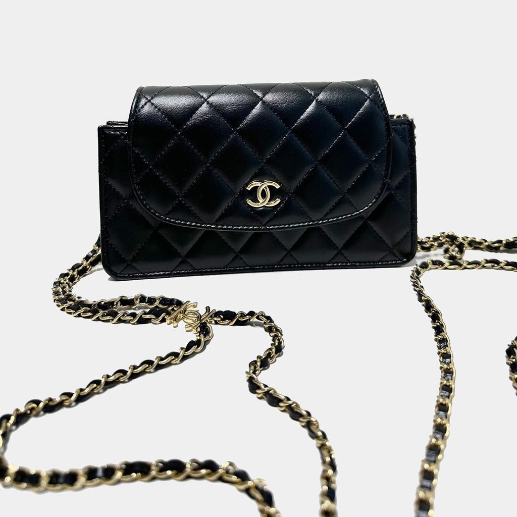 Chanel Chanel Black Gold Lambskin Leather Woc 22K Double Chain Large Phone Bag