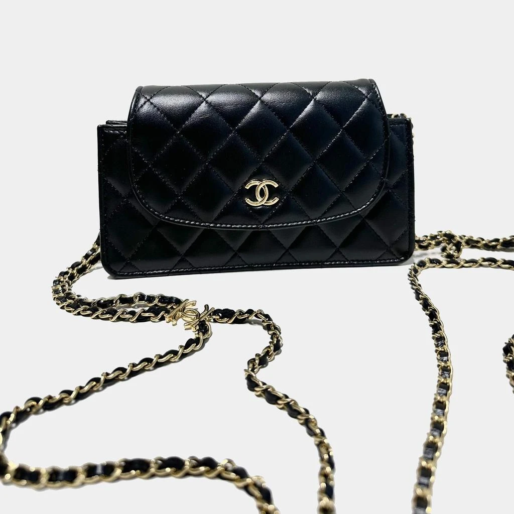 Chanel Chanel Black Gold Lambskin Leather Double Chain Large Phone Bag 1