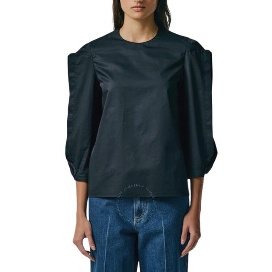 Tibi Ladies Black Cotton Sateen Square Sleeve Top