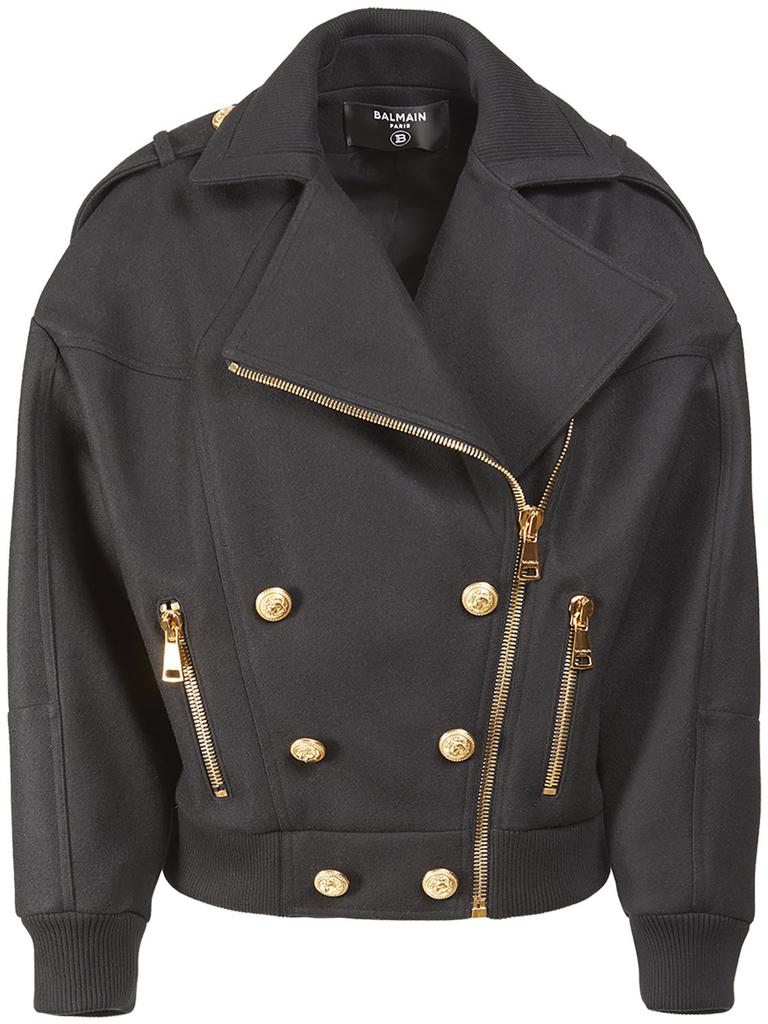 BALMAIN Oversize Boiled Wool Zip Short Coat