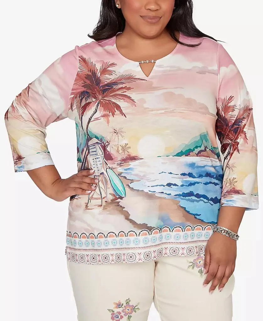 Alfred Dunner Plus Size Beachcomber Sunset Beach Scenic Split Neck Top
