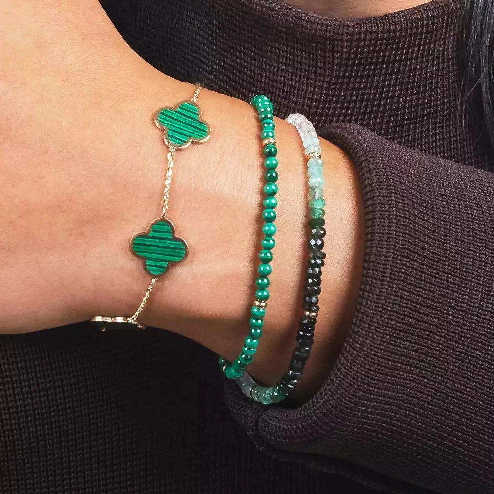 The Lovery Large Malachite Clover Bracelet 14K Gold 4