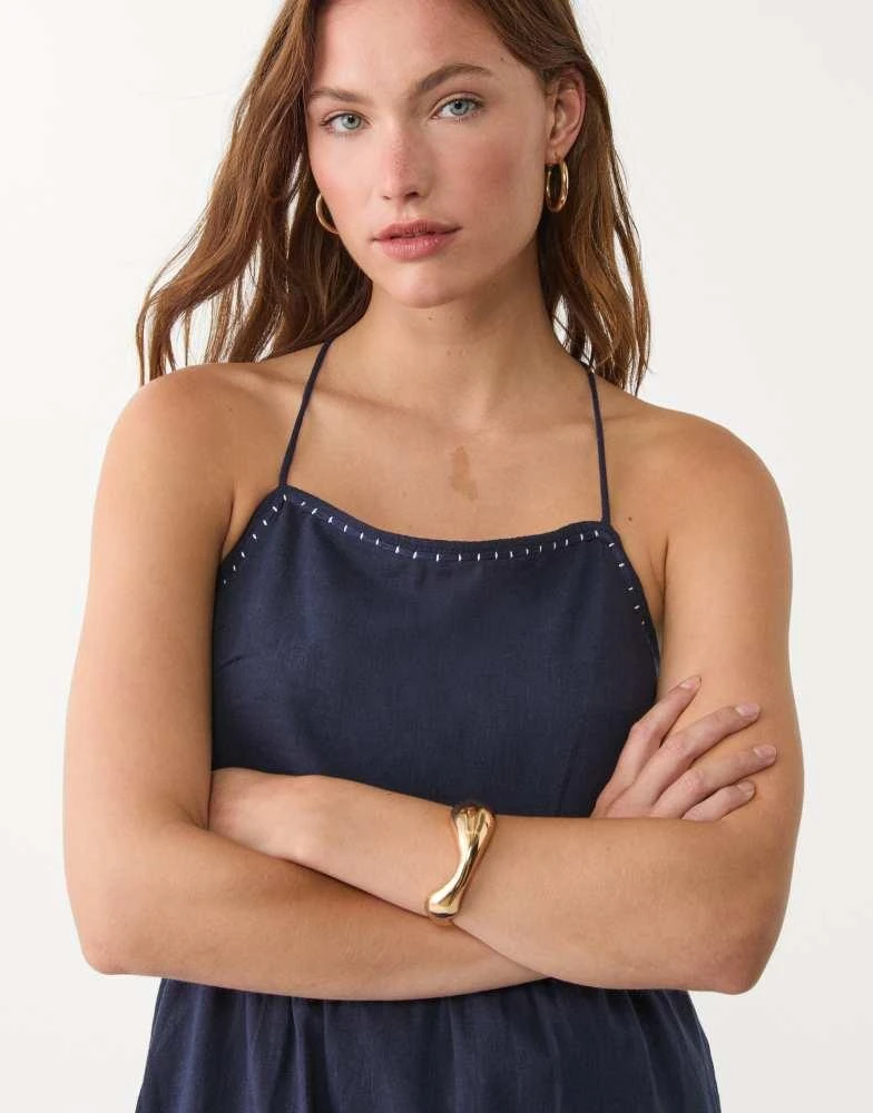 strapless open back dress Open-Back Long Navy Blue Prom Dress with High Neck– PromGirl main image 0