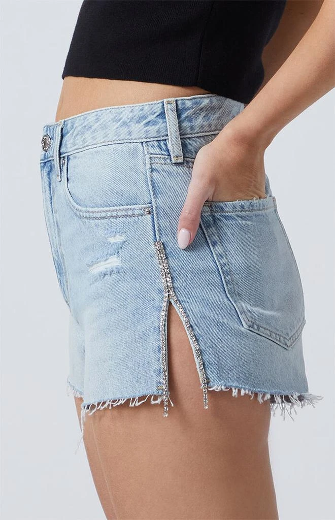 PacSun Light Indigo Rhinestone Fringe High Waisted Denim Festival Shorts 2