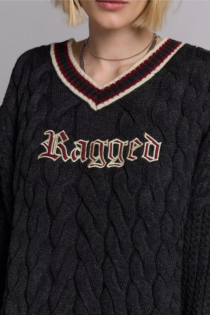 The Ragged Priest The Ragged Priest Embroidered Graphic V-Neck Cable Knit Sweater 3