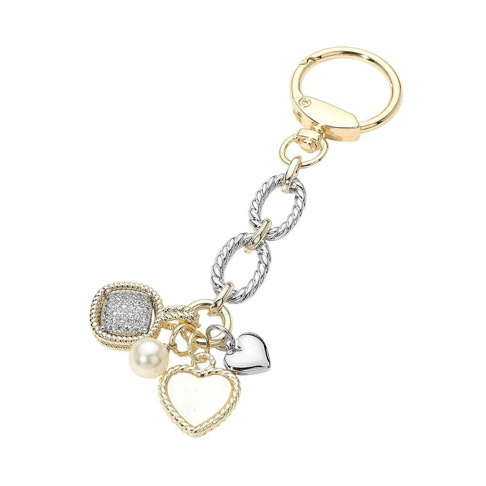 FASHNZFAB 14K Gold Plated CZ Pave Square Mother of Pearl Heart Charm Drop Keychain Bag Charm 2