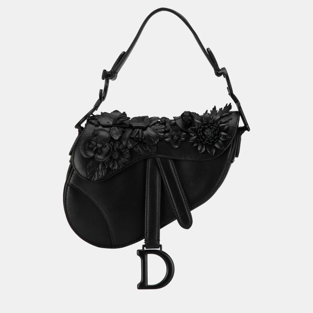 Dior Dior Black Mini Lambskin Floral Applique Saddle
