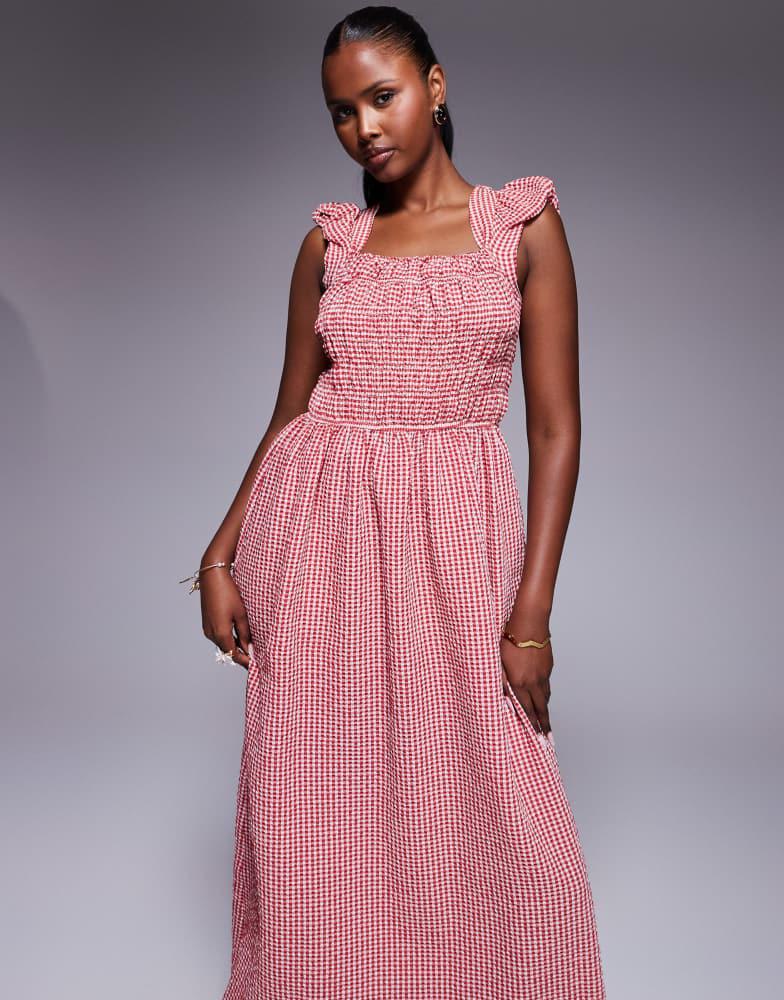 River Island River Island cap sleeve gingham shirred midi dress in red