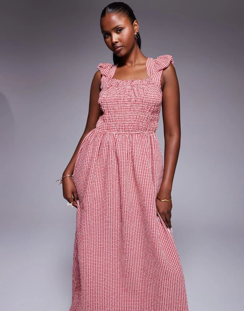 River Island River Island cap sleeve gingham shirred midi dress in red 1