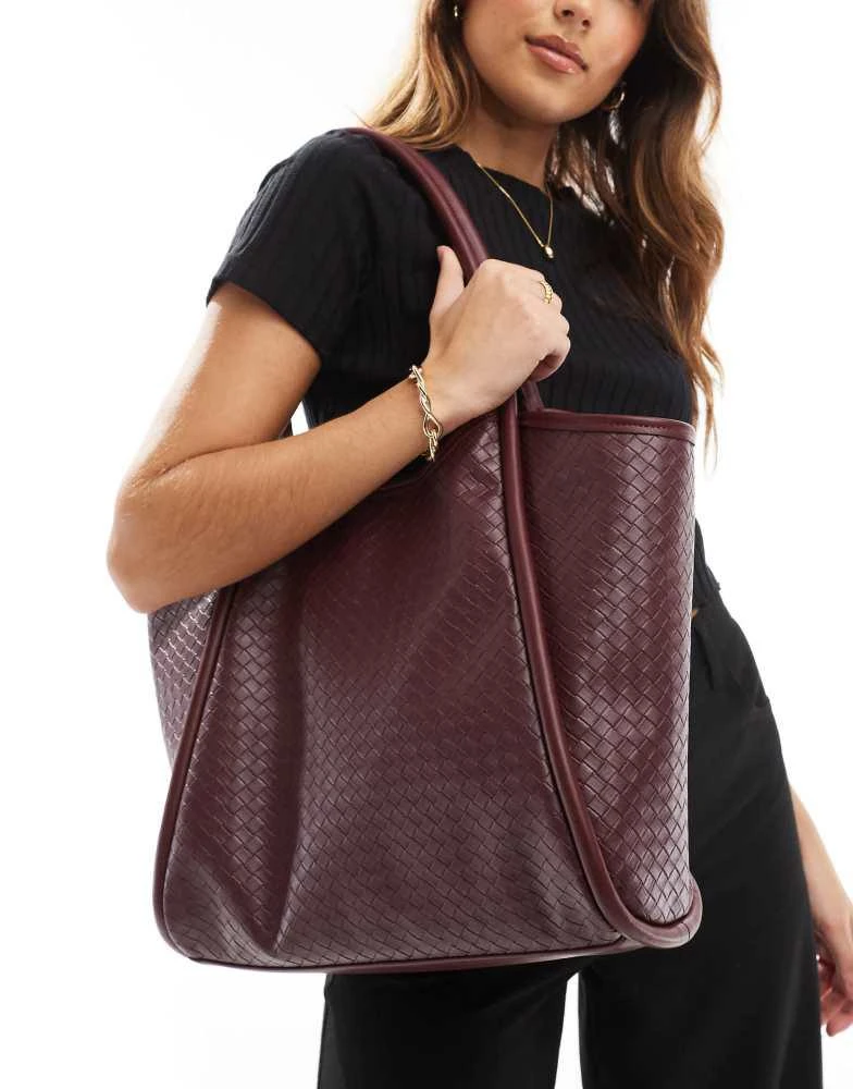 ASOS ASOS DESIGN weave tubular tote bag in burgundy 4