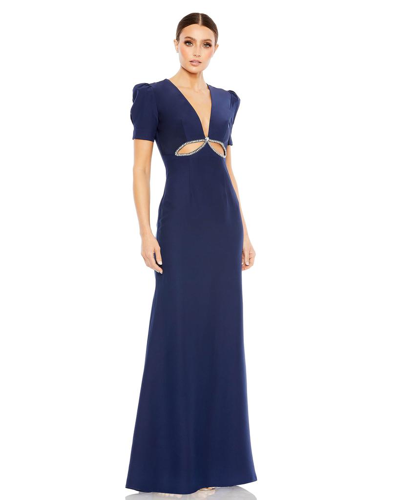 Ieena for Mac Duggal Puff Sleeve Embellished Cutout Evening Gown
