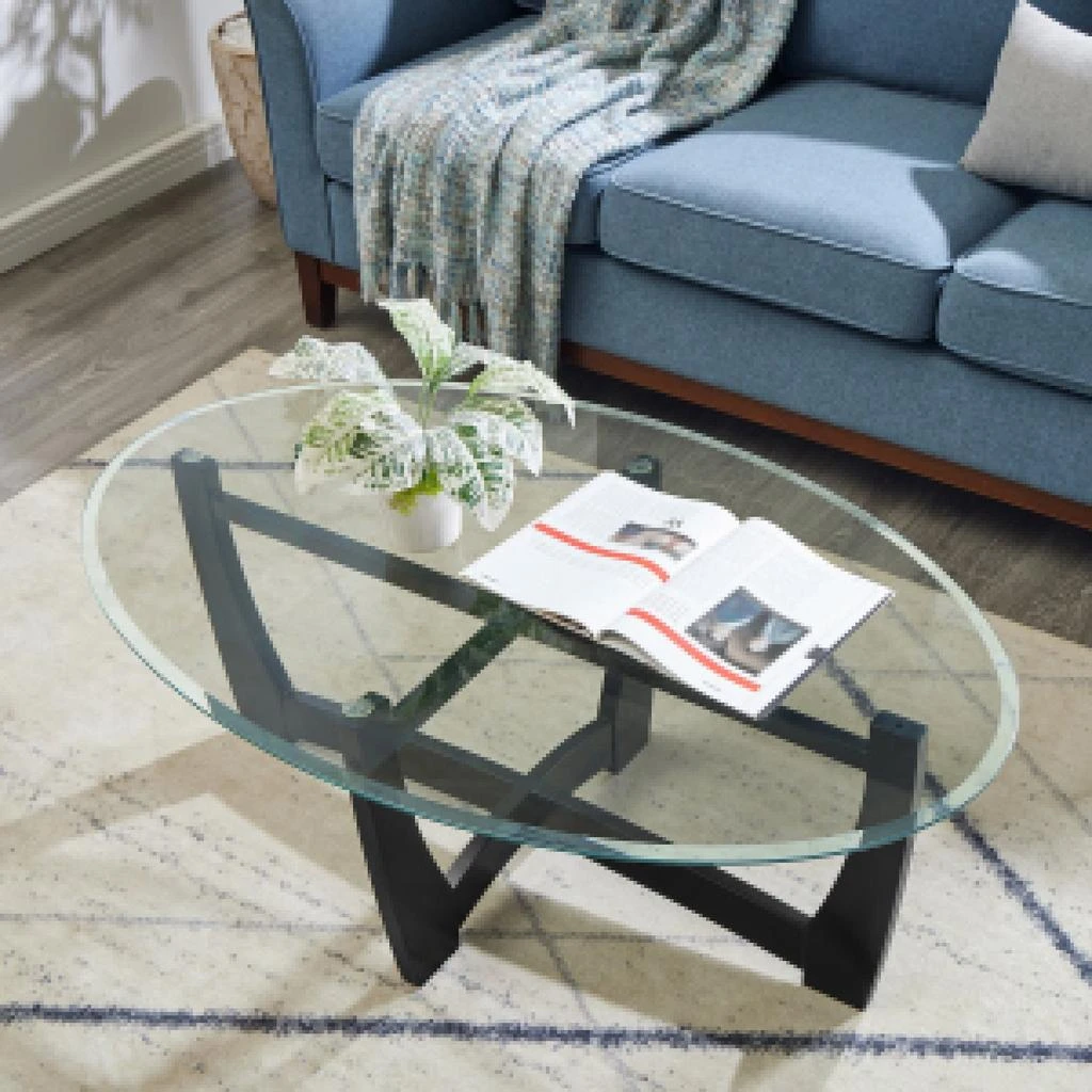 Streamdale Furniture Streamdale 48" Oval Glass Coffee Table - Black Round Center Table 5