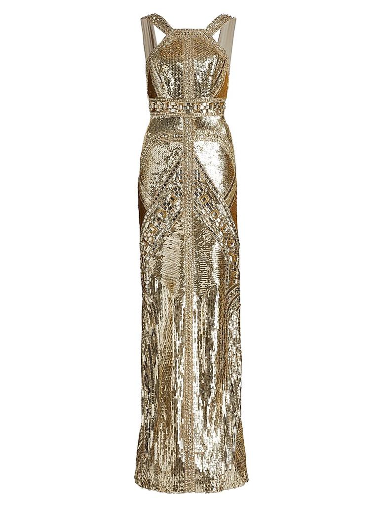 Pamella Roland Sequined Embroidered Gown