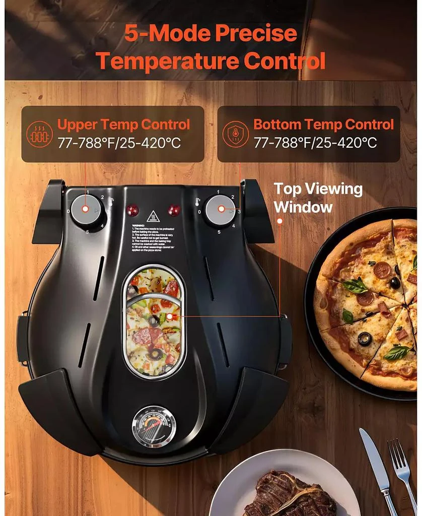 Mecale Electric Pizza Oven, 12", 1200W, Cordierite Stone, 5 Heat Modes, Viewing Window, Up to 788°F, Black 8