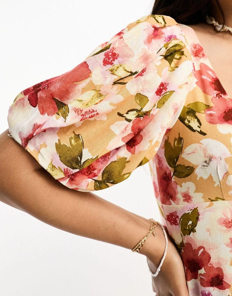 Moon River Moon River square neck puff sleeve midi dress in orange floral 2