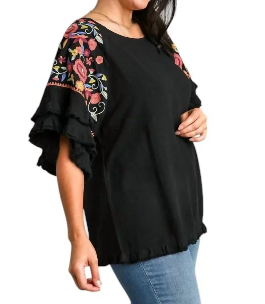 umgee Floral Embroidered Frayed Sleeve Blouse Plus In Black 2