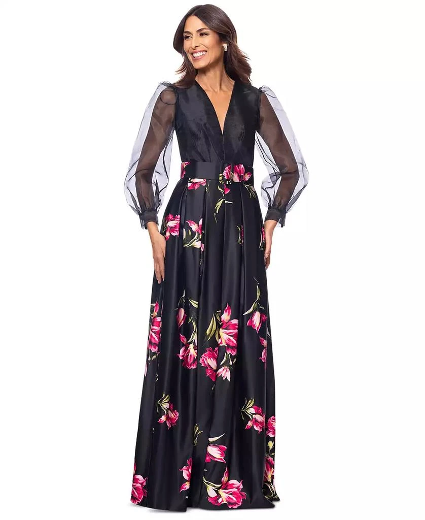 Betsy & Adam Women's Organza-Sleeve Floral Belted Gown 1