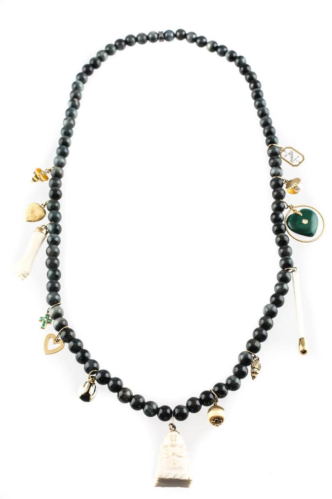 CAROLINA BUCCI Womens Yellow Gold Accent Hawk's Eye Beaded Recharmed Lucky Charms Necklace 95.4g 26"
