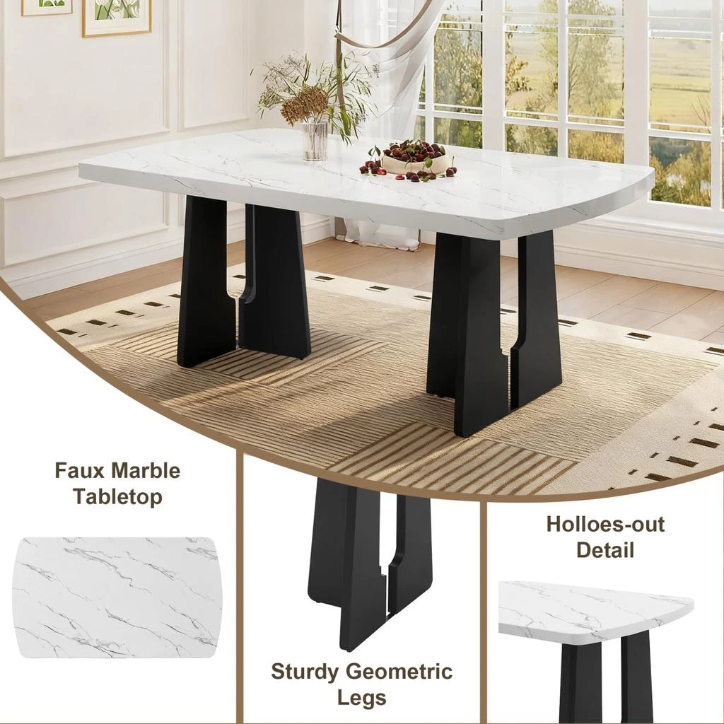 Streamdale Furniture Streamdale 63" Modern Faux Marble Dining Table - Black/White Top with Geometric Legs 4