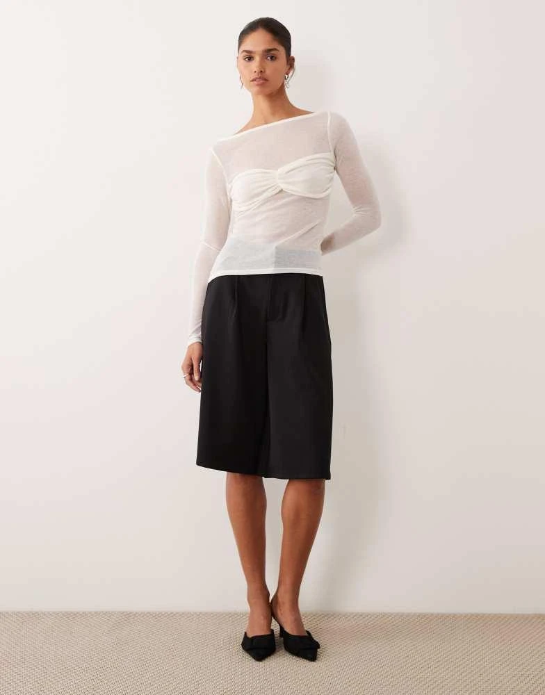 ASOS ASOS DESIGN knit-look semi sheer long sleeve top with ruched bust overlay in ivory 4